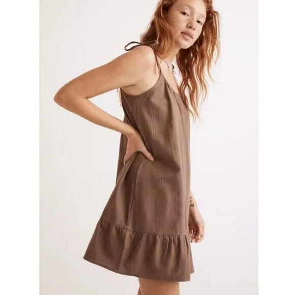 Madewell Tie Strap Ruffle Hem Mini Dress Brown Cotton Gauze Size Medium - Picture 1 of 7